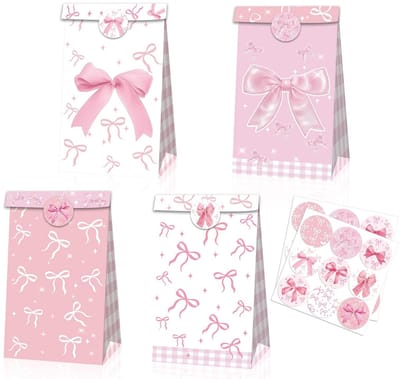 Dailygoods- Giftzakken 12 Stuks - Roze Boog - Verzegelende Stickers - Party Favor Bags - Goodiebag Tasjes - Feestdecoratie - Goodiebags