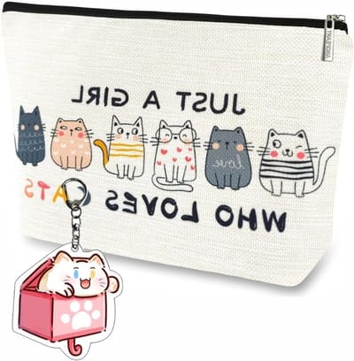 Cosmetica Tas voor Vrouwen - Reistas met Sleutelhanger, Make-up Tas voor Dames en Meisjes, Geschikt voor Kattenliefhebbers, Beige en Modieus Accessoire