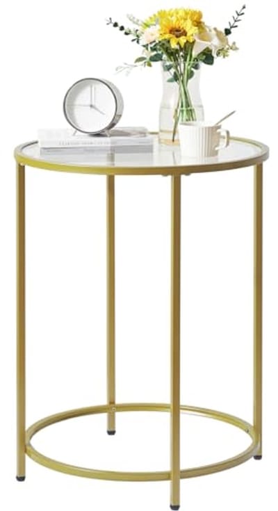 Ronde Bijzettafel van Gehard Glas met Metalen Frame - Transparant en Goudkleurig - 50 x 65 cm