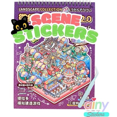 Ainy - Scene 3D Stickerboek Paars L | Inclusief Pincet | Set van 6 Achtergronden 26*19.5cm met PET Stickers | Kat & Vrienden miniatuur sticker | Creatief & Rustgevend vakantieboek | Stickervellen voor volwassenen en kinderen