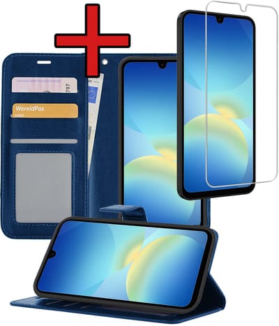 Hoesje - Met Screenprotector - Geschikt voor Samsung Galaxy A26 - Luxe Pasjeshouder - Flipcase - Bookcase Portemonee - Flip Case - Kunstleer Book Case - Book Cover - Walletcase - Portemonneehoes - Telefoonhoes - Donkerblauw