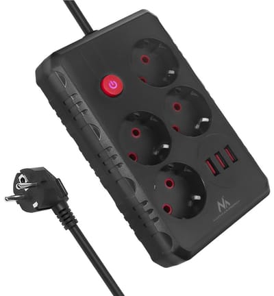 Maclean MCE392 B - Stekkerdoos - 4-polige verlengkabel + 3xUSB - 110-240V AC 50/60Hz - 2,1A max 2500W - 1,5m, zwart