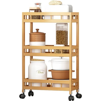 4-laags smalle opbergwagen van massief hooggebergte bamboe Keukenorganizer Uitschuifbare mobiele opbergruimte beige