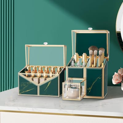 Cosmetica Opberger - Make-up Organizer - Desktop Organiseren - Stofvrij Ontwerp - 2 Delig - Smaragdgroen