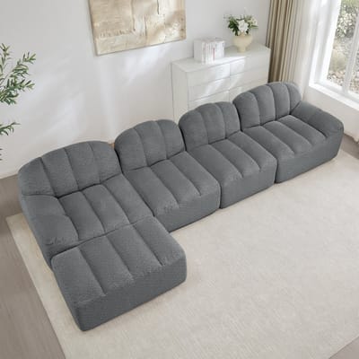 DESMIU Hoekbank 366 x 165 x 79 cm - Modulaire 4-Zits Met Ottoman En Diepe Zitting - Voor Woonkamer En Appartement - Granulair Fleece - Grijs