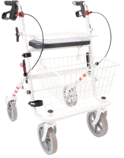 Premis Provo Rollator 2e Generatie – Lichtgewicht (8kg) - Inklapbaar – Comfortabele Rollator met Mandje, Dienblad en Stokhouder - Wit met rode biezen
