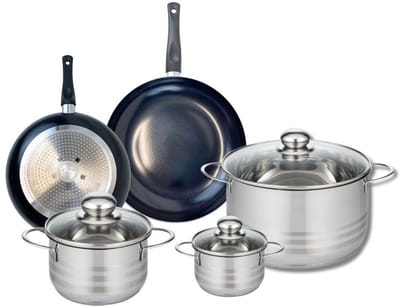 Set van 2 Koekenpannen 20 en 24 cm en 3 kookpotten 12, 16 en 24 cm Elo Prima Brillant