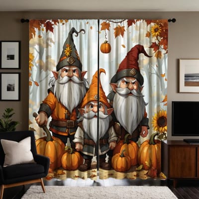 2 pièces HD Thanksgiving chapeau long avec trois nains citrouille rideaux décoratifs Cravate jaune rideaux imprimés numériques Décoration d'intérieur sty W52H63inchW132H160cm white