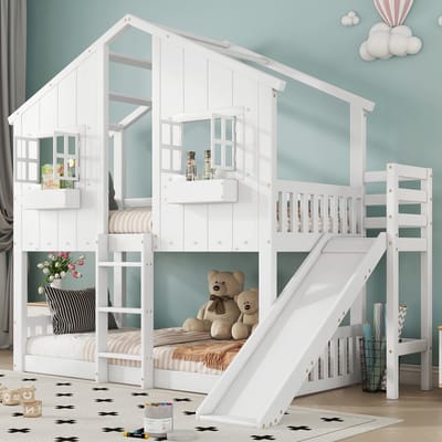 MODFU Stapelbed 90x200 cm – Met glijbaan & dak met ramen – Huisbed voor kinderen – Wit/Naturel