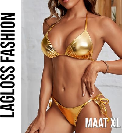 LaGloss® Sexy Gouden Bikini Set – 2-Delige Glanzende Badmode met Striksluiting – Maat XL