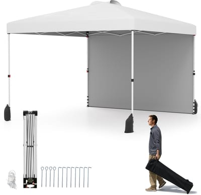 COSTWAY 3 x 3 m pop-up paviljoen met zijwand, draagbaar tuinpaviljoen incl. schaduwgever met roltas, 8 haringen, 4 ankers, 4 scheerlijnen en 4 zandzakken, outdoor-partytent (wit)