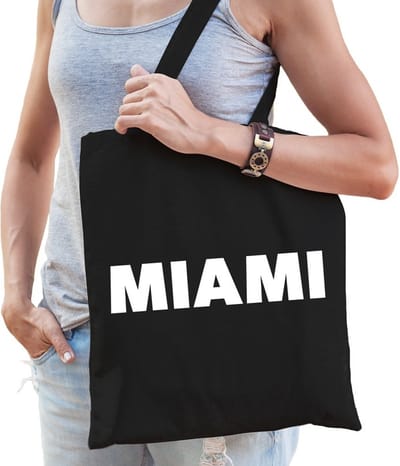 Katoenen Florida/USA/wereldstad tasje Miami zwart - 10 liter - steden cadeautas