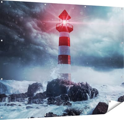 Gards Tuinposter Vuurtoren tijdens een Storm - 150x120 cm - Tuindoek - Tuindecoratie - Wanddecoratie buiten - Tuinschilderij