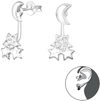 Joy|S - Zilveren maan met sterren oorbellen - ear jackets - Moon and Stars