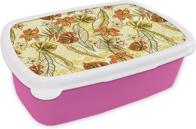 Broodtrommel Roze - Lunchbox - Brooddoos - Vintage - Bloemen - Bladeren - Hawaii - Patroon - 18x12x6 cm - Kinderen - Meisje