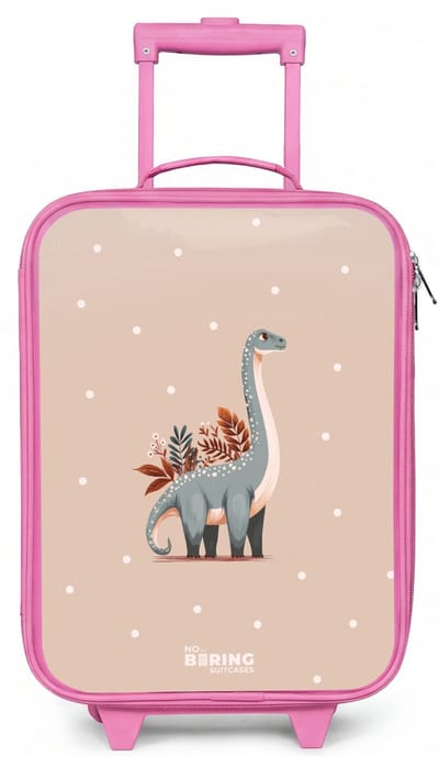 NoBoringSuitcases.com® - Kinderkoffer roze - Kindertrolley meisje - Blauwe dinosaurus op een beige stippenachtergrond - Koffer kind lichtgewicht - Reiskoffer trolley voor kinderen - Koffertje met lichtgevende wieltjes - Rolkoffer