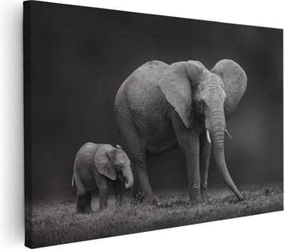 Artaza Canvas Schilderij Olifant Met Kalf - 30x20 cm - Klein - Wanddecoratie Woonkamer - Muurdecoratie Dieren Afrika - Kamer Accessoires