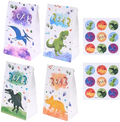 Zeynomax - Cadeauzakjes - Dinosaurus thema - Perfect voor verjaardagsfeest - Kleurrijke snoeppapieren zakjes - 12 stuks - Met stickers - Voor kinderen