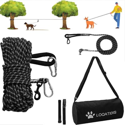 3-in-1 Hondentouw 15m of 30m - Uitklapbaar Trolley Systeem met Handgreep en Schoudertas, Reflecterend voor Tuin, Park, Bos en Kampeerlocaties