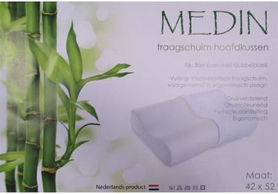 Traagschuim hoofdkussen Medin - bamboevezel dubbeldoek met rits - Visco-elastisch traagschuim - Ergonomisch gevormd - Antiallergisch - Druk verdelend - Ondersteunend en een perfecte aansluiting - 42x52cm