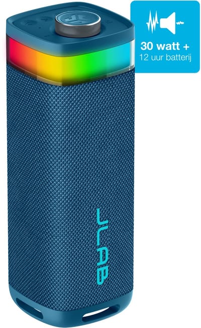 JLab Jbuds Bluetooth Speaker Draadloos - Draagbare Muziekbox - 12 uur Batterijduur - 30 Watt - Bass Boost - IPX6 Waterproof - Multipairing - Instelbare Party Lights - App Equalizer - Blauw