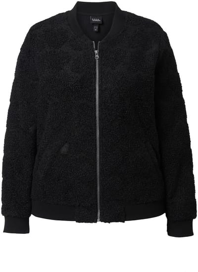 Ulla Popken - Dames - Bomberjack van teddy harten collegekraag lange mouwen - Zwart - Maat 50+