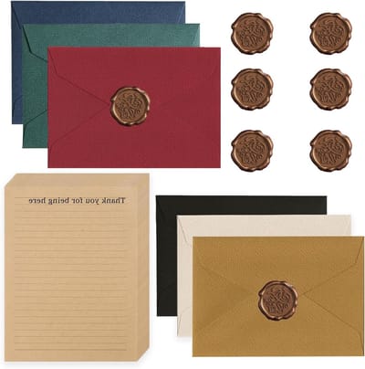 Vintage Papieren Set met 6 Linnen Enveloppen en Waxzegels, 10 A5 Briefpapier, Perfect voor Verjaardagen, Bruiloften en Uitnodigingen