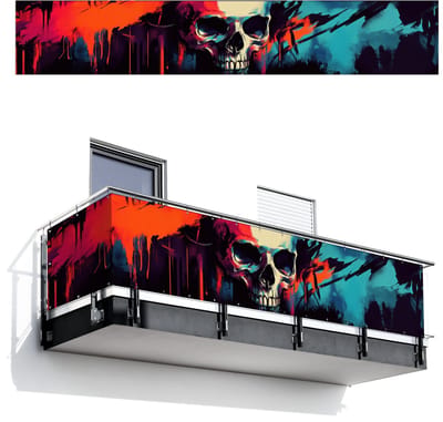 Balkonscherm 500x85 cm - Balkonposter Schedel - Abstract - Rood - Blauw - Graffiti - Balkon scherm decoratie - Balkonschermen - Balkondoek zonnescherm