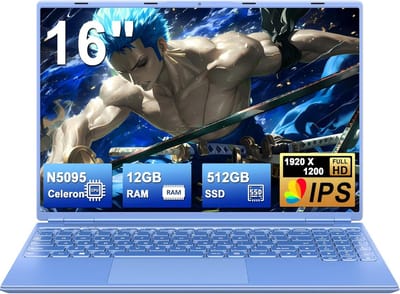 NOTODD Laptop 16 inch 12 GB RAM 512 GB ROM uitbreidingen 2,5" 1 TB SSD, laptop Win 11 met 4-Core CPU N5095 (tot 2,9 GHz), 1920 * 1200; 5G WiFi; Bluetooth & Duits toetsenbord sticker blauw