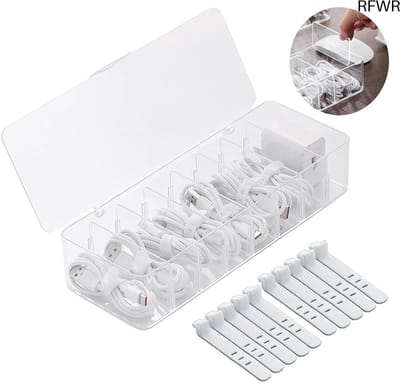 RFWR® Kabelmanagementdoos met 10 Kabelbinders en 8 Compartimenten, Transparante Opbergdoos voor Bureauaccessoires