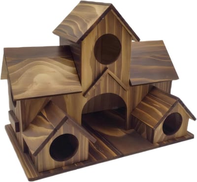 Houten vogelhuisje in villa-stijl met meerdere woonruimtes, 23 x 16 x 14 cm, ideaal voor tuinvogels, handgemaakt en duurzaam ontwerp