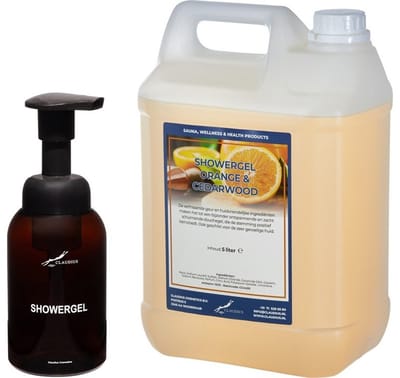Zeepdispenser 300 ml amber bruin hervulbaar + 5 liter Showergel Sweet Orange & Cedarwood navulling