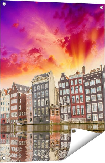 Gards Tuinposter Amsterdamse Huisjes bij het Kanaal - Kleur - 60x80 cm - Tuindoek - Tuindecoratie - Wanddecoratie buiten - Tuinschilderij