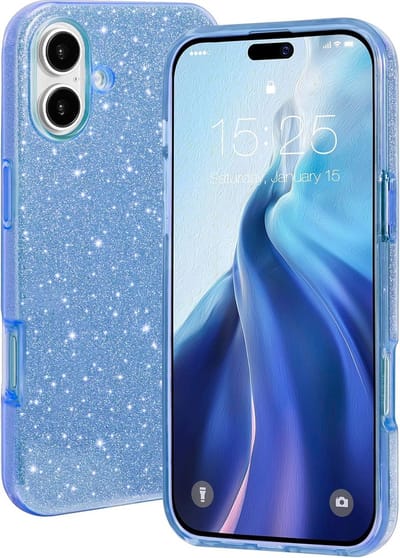 Casemania Hoesje Geschikt voor Apple iPhone 16 - Blauw - Glitter Back Cover