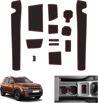 Non-slip rubberen matten voor Dacia Duster 3 - Voor middenconsole, bekerhouder en deurnaad - Rood en duurzaam