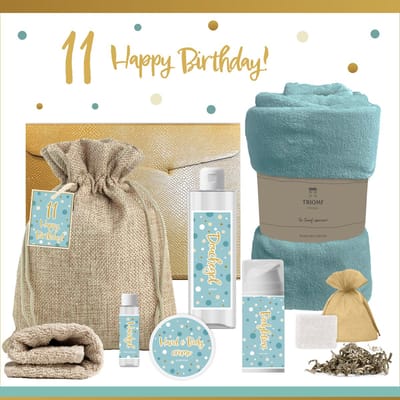 Geschenkset “11 Happy Birthday!” - 8 producten - 1210 gram - Triomf Cosmetica | Luxe Cadeaubox voor haar Wellness Pakket Meisje Giftset Party Cadeaupakket Elf Jarige Verjaardag Gefeliciteerd Cadeau Speciaal Feestje Gift Set Turquoise