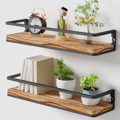 HOMESY Zwevende planken wandplank 42 cm, set van 2 wandplanken, plank met lengte 42 cm, houten planken, voor badkamer, slaapkamer, keuken, kantoor, Rustiek Bruin + Zwart