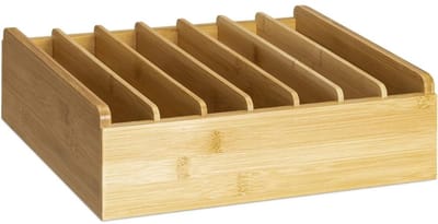 Famanu - Dekselhouder Bamboe Verstelbaar, organizer met 6 uitneembare plankjes en 7 vakken voor potdeksels, houten opbergrek lichtbruin