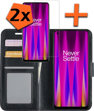 Hoes - Met 2x Screenprotector - Geschikt voor OnePlus Nord CE 2 - Luxe Pasjeshouder - Bookcase Portemonee - Flip Case - Kunstleer Book Case - Flipcase Hoes - Book Cover - Walletcase - PortemonneeHoes - Zwart