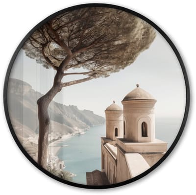 Poster in lijst Rond - Fotolijst 60x60 cm - Posters - Kust - Klif - Boom - Gebouw - Ronde posterlijst zwart - Decoratie - Wanddecoratie woonkamer - Muurdecoratie slaapkamer