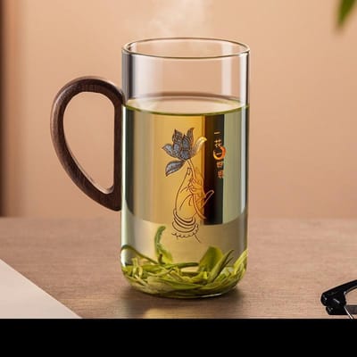 500ML Houten Handvat Koffiemok Huishoudelijk Transparant Keuken Glas Kopje Asgrijs Bloem Theekopje Koffieware Thee-servies 500ml beige