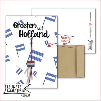 Kaartkadootje -> Nederlands Vlaggetje - No:02 (Groeten uit Holland! - Gelukspoppetje houten Nederlandse vlag - Blauwe Vlaggen) - LeuksteKaartjes.nl by xMar