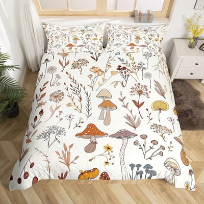 Schattige Paddestoel Beddengoedset King Queen Size Botanische Dekbedovertrek Wilde Paddestoelen Dekbedovertrek Kleurrijke Planten Bladeren Dekbedovertrek AU Double(180x210cm)