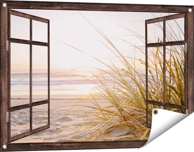 Gards Tuinposter Doorkijk Strand en Duinen tijdens Zonsondergang - 90x60 cm - Tuindoek - Tuindecoratie - Wanddecoratie buiten - Tuinschilderij