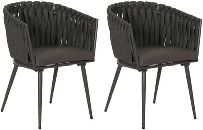 Set van 2 aluminium eetkamerstoelen MCW-N38, armleuning binnenstoel, Olefin rope weave Touw ~ antraciet Kussen donkergrijs