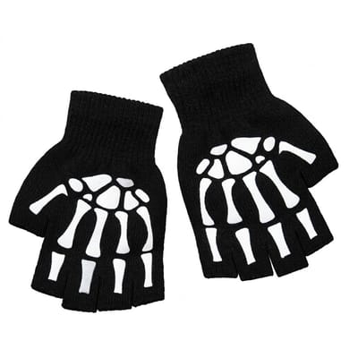 Zwart wit functionele handschoenen met skelet patroon – vingerloze gebreide handschoenen voor heren en dames – halve vinger handschoenen met rib gebreide pols manchet – hand handschoenen met bot patroon ontwerp