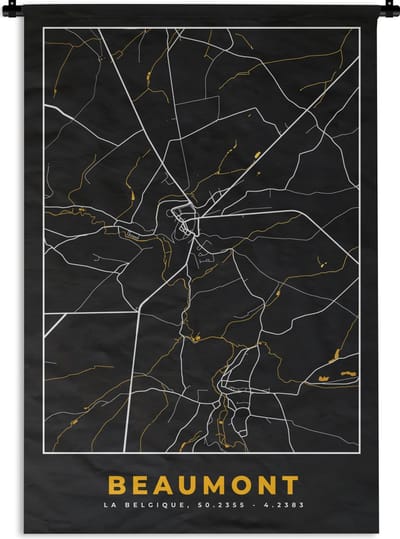 Wandkleed - Wanddoek - Black & gold - Stadskaart - Beaumont - Plattegrond - Kaart - 120x180 cm - Wandtapijt