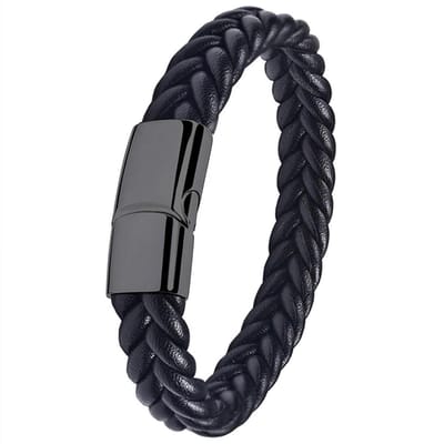 Victorious Leren Armband Heren – Zwart Gevlochten Leer en Zwarte Sluiting – Zwart – 19cm