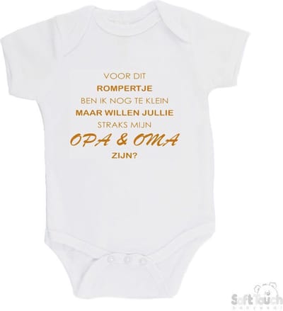 100% katoenen Romper "Voor dit rompertje ben ik nog te klein maar willen jullie straks mijn opa & oma zijn" Unisex Katoen Wit/tan Maat 62/68