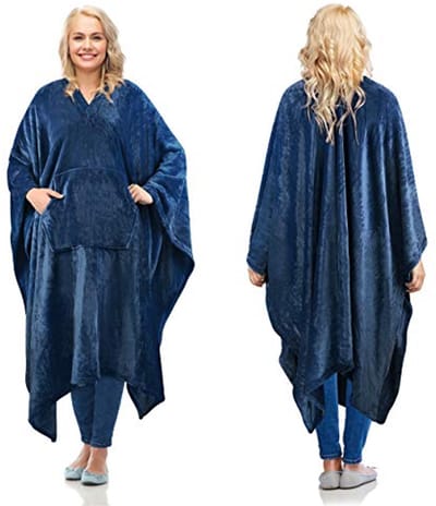 Draagbare Poncho Deken voor Volwassenen en Kinderen - Comfy Pluche Fleece Deken met Kangoeroezak - 200 x 140 cm Navy